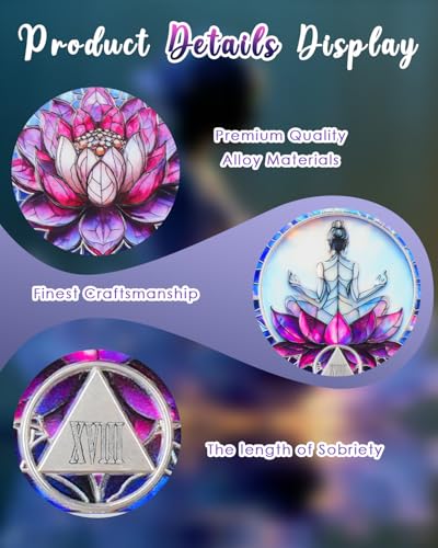 Image of CHURYUML Lotus Meditation 18 Year Sobriety Coin - Empowering Sobriety Gifts for Women, Non-Religious AA Coins Medallions Sober Chip Women in Recovery Affirmation Token Alcoholics Anonymous Gifts