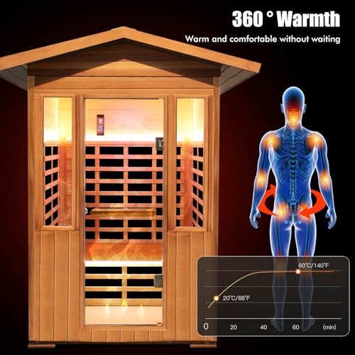 Image of 2 Person Outdoor Sauna Infrared Saunas Dry Sauna Room 120V Red Cedar and Okoume Wood Wooden Sauna Spa 1800W APP Control 7 Color Light 48.8 * 37 * 87.4inch