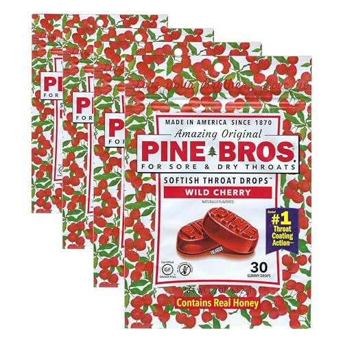 Image of Pine Bros. Gummy Sore Throat Softish Drops (Wild Cherry),30 Count (Pack of 4)