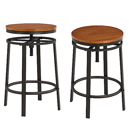 O&K Furniture 25-29 Inch Adjustable Backless Swivel Bar Stools Counter Height, Industrial Kitchen Backless Bar Stools, Wood And Metal Bar Stool Chairs Set Of 2, Dark Brown #TOP26