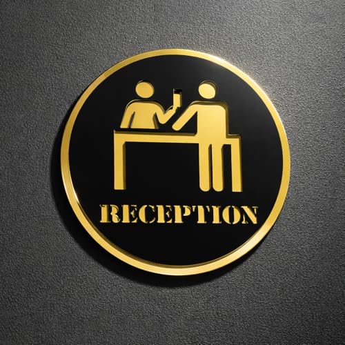 Image of Reception Round Acrylic Signage Sticker - Self-Adhesive Front Desk Sign for Office, Hotel, Clinic, Storefront & Business Spaces - Premium Black Gold Label for Glass & Smooth Surfaces