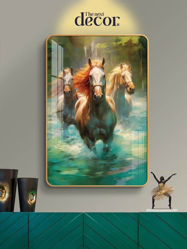 The Next Decor Wild Waterscape Horses Wood Glass Finish Wall Art Decorative Painting for Living Room, Bedroom, Dining Room (Size: 18x12 Inches) 1