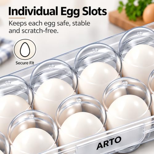 Image of ARTO Clear Egg Trays for Refrigerator Organization - Stackable Egg Holder & Plastic Storage Container - Durable Dishwasher Safe Egg Carton Replacement - Kitchen & Fridge Organizer (Set of 2)