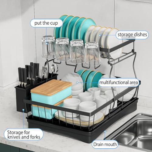 Image of ZROY Dish Drying Rack 2-Tier with Drainboard for Kitchen Countertop - Stainless Steel Dish Drainer with Utensil Holder, Cup Rack, Knife Storage & Water Drain Spout (New Black Rack 2-Tier)
