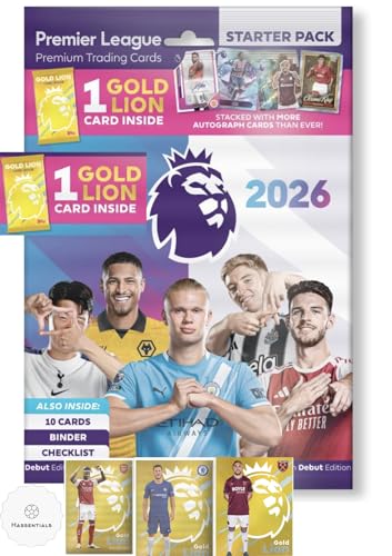 Premier League 2026 Starter Pack - New Soccer Cards 2025-2026 Bundle Includes a Special Lion Card, Pack of Soccer Cards and Guide with Hassential Sticker