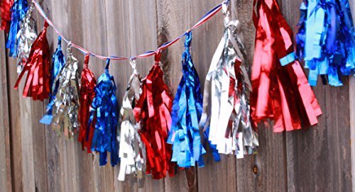 Election Decorations Patriotic Metallic Garland on (16 Tassels Per Package) Red White Blue 8 ft Ribbon, Pre-Assembled Party Décor 4th of July Memorial Day Banner Primary Military Ceremony