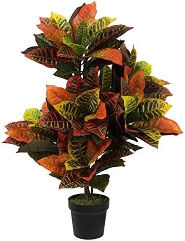 Artificial Croton Plant, Artificial Trees for Home Decor,Floor Plant Front Porch Plants with Plastic Pot,Silk Plants for Home Decor Indoor,Fake FicusLyrata Tree,45inch