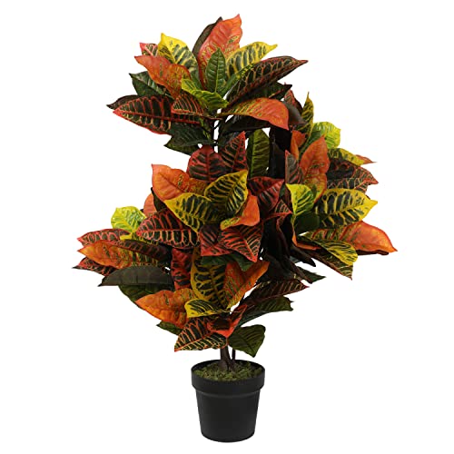 Artificial Croton Plant, Artificial Trees For Home Decor,Floor Plant Front Porch Plants With Plastic Pot,Silk Plants For Home Decor Indoor,Fake Ficuslyrata Tree,45Inch #TOP22