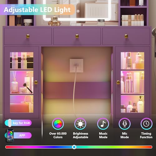 Image of Purple Vanity Desk with Mirror and Lights, Glass Top Vanity with Lighted Mirror & RGB Cabinet and 3 Drawers, Dressing Table with 8 Shelves, Makeup Desk with Lights for Girls Bedroom, 3 Color Modes