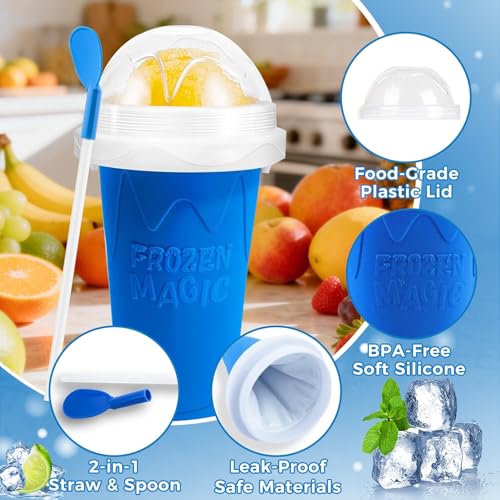 Image of FANS-ONE Slushie Cup, DIY Magic Slushy Maker Cup, Cool Stuff Things Gadgets for Juices Milk Yogurt Ice Cream Make, Quick Frozen Slushy Cups with Lids & Straw for Boys Girls Teens Kids, Blue