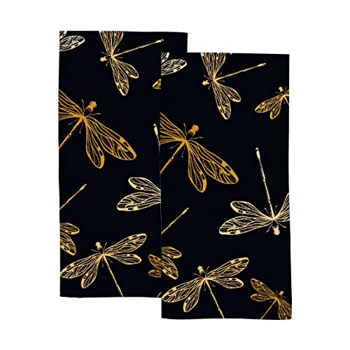 Hand Towel Face Towel Set Of 2 Dragonfly Black Gold Insects Fingertip Towel Kitchen Tea Bar Dish Cloths Absorbent Dry Body Towel #TOP5