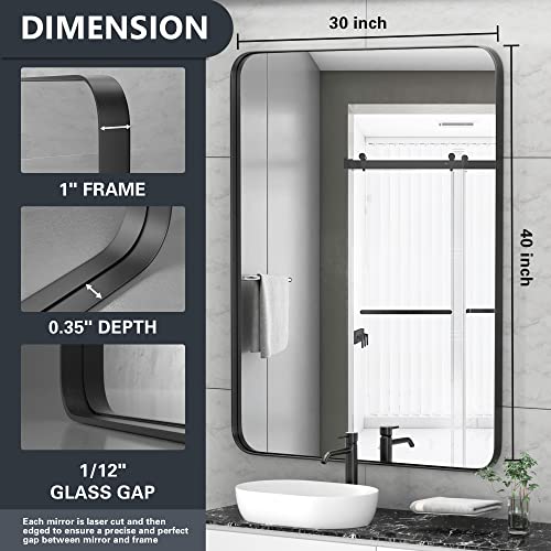 Paihome 30X40-Inch Matte Black Bathroom-Vanity-Mirror For Wall, 304 Stainless Steel Frame Bathroom Mirrors, Rounded Corner Rectangle Farmhouse Mirror, Vertical Or Horizontal Hanging Modern Mirror #TOP2