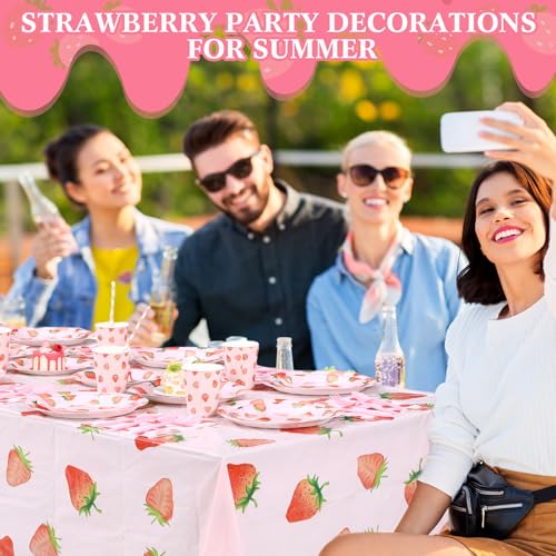 Image of Funnymoom 452 Pcs Strawberry Party Supplies for 50 Guests, Strawberry Paper Plates Napkins Cups Tablecloth Cutlery Straws for Berry First Birthday Baby Shower Party Decorations