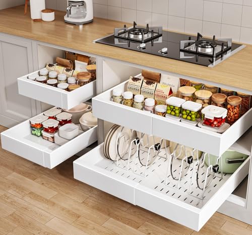 Seinloes 4 Pack Pull out Cabinet Organizer 21'Deep with Raising Pad for Framed Cabinets, Expandable Slide out Drawers for Kitchen Cabinets with 4pcs Divider Racks, Roll out Shelves 12.1'-20.4' W White