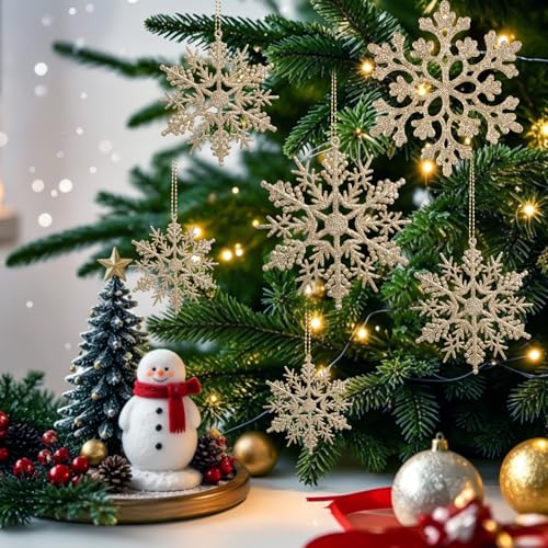 Image of 60pcs Christmas Champagne Gold Snowflake Ornaments Plastic Glitter Snow Flakes Ornaments for Winter Christmas Tree Decorations Size Varies Craft Snowflakes