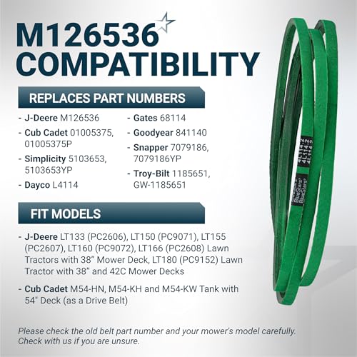 Image of [Upgraded Grip120] BlueStars M126536 Mower Deck Belt 1 /2 inch x 114.2 inch | For 38 inch & 42C Deck J-Deere LT133 LT150 LT155 LT160 LT166 LT180 Cub Cadet Lawn Mowers Replaces 01005375 01005375P Aramid Cord