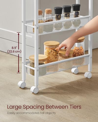 Image of VASAGLE Slim Rolling Cart, 5-Tier Storage Cart, Narrow Cart with Handle, 5.1 Inches Deep, Metal Frame, for Kitchen, Dining Room, Living Room, Home Office, Oak Beige and Classic White ULRC034W09
