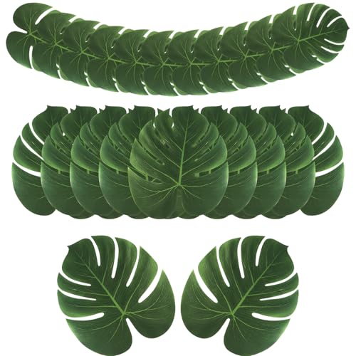 AerWo 48 Pcs Palm Leaves, Artificial Tropical Monstera Fake Leaves, Fake Palm Leaf for Safari Jungle Hawaiian Dinosaur Luau Party Table Decor Wedding Birthday Theme Greenery Party Table Decorations