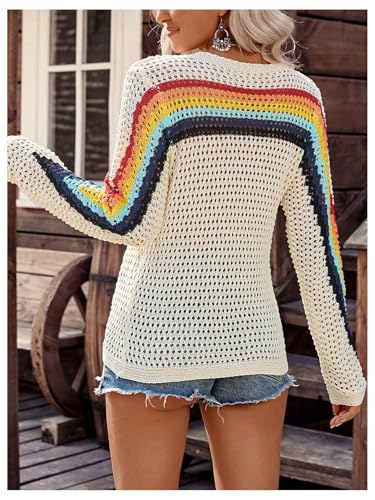 MakeMeChic Women's Crochet Sweater Rainbow Hollow Out Long Sleeve Knit Tops Fall Clothes3