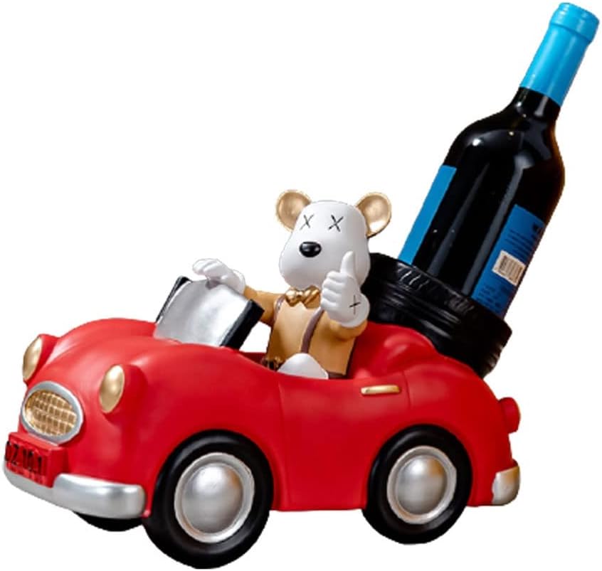Soporte para botellas de vino con forma de oso conduciendo, resina rojo