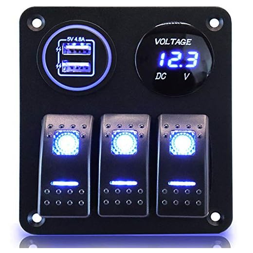 3 Gang Waterproof Marine Boat Rocker Switch Aluminum Panel, DC 12V/24V 5 Pin ON-Off Switch, with Upgrade Arc LED Digital Display Voltmeter and 4.8A Dual USB Slot Socket for Boat Car Rv Vehicles Truck