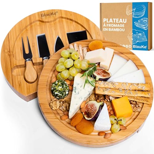 BlauKe Plateau à Fromage en Bois avec Couteaux à Fromage – Planche Apero - Plateau de Service Repas, Aperitif, Petit-Déjeuner - Planche à Charcuterie en Bois de Bambou pour 2 Personnes - Idée Cadeau