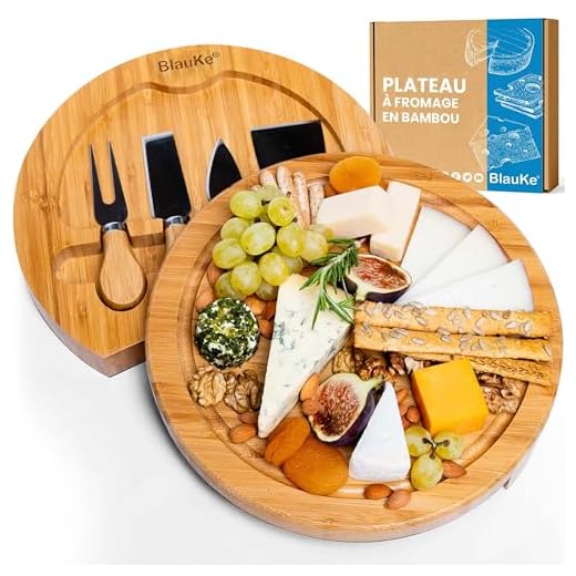 Plateau à Fromages en Bois de Bambou avec Ensemble de Couteaux et Fourchette - BlauKe