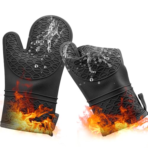 Silicone Oven Mitts Heat Resistant Durable, 2pcs Soft Cotton Lining Oven Glove for Kitchen High Heat Resistant 500 Degree Oven Mitts with Non-Slip Silicone Surface for Cooking, 12