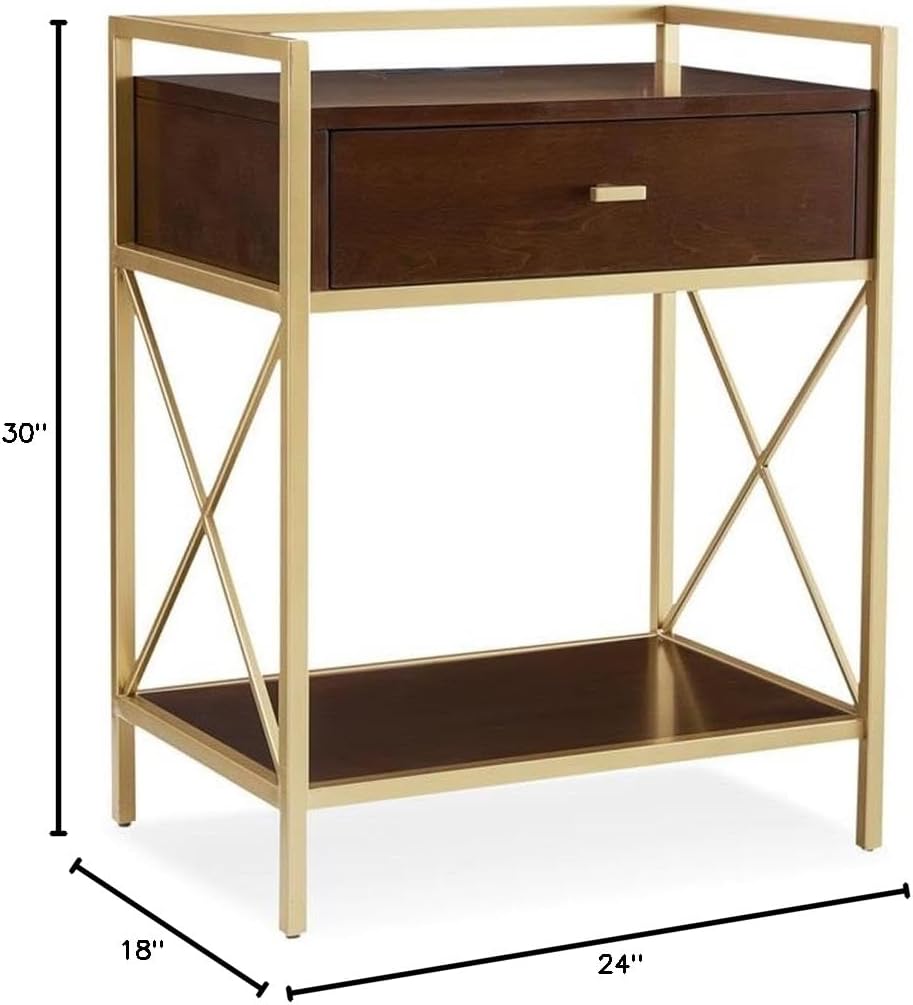 BOWERY HILL Contemporary Wood Nightstand, 30 in Tall, Walnut Brown and Gold Finish, Metal Frame with X Design, AC/USB Charging, Full Extension Drawer, Lower Shelf, Bedroom Side Table