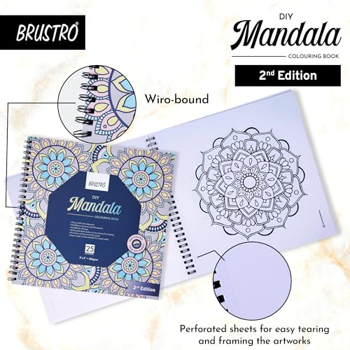 Image of Brustro DIY Mandala Colouring Book-2nd Edition| 25 Designs,160 GSM Paper,9x9 inch,Tear-Out Sheets | Ideal for Stress Relief & Mindfulness Art Book for Adults & Kids,Drawing,Mixed Media,Pens,Markers