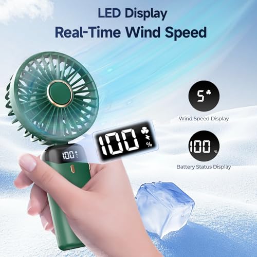 Image of Rechargeable Portable Handheld Fan,3000mAh Battery Operated Mini Fan,5 Speeds and LED Display,Long Lasting Desk Fan for Office,Bedroom,Outdoor Activities and Travel (Green)