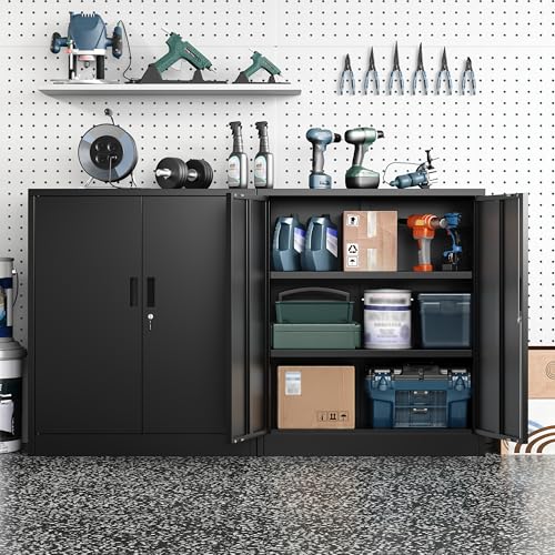 Image of Metal Storage Cabinets, Locking Cabinet with 2 Doors and Shelves, 36 inch H Metal Garage Cabinet for Office, Home, Garage, Warehouse (Black)