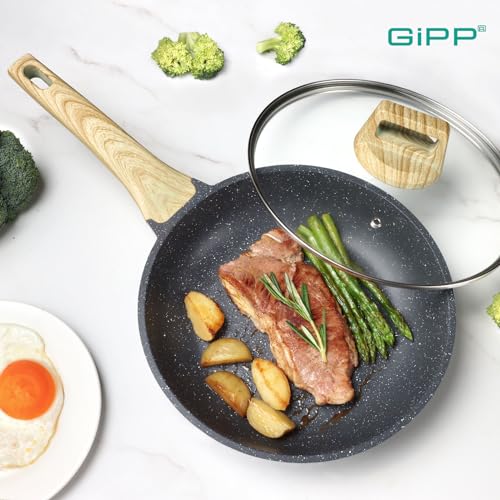 Image of GiPP Nonstick Skillet Frying Pan with Lid,Grey Granite Non Stick Pans,Omelette Pan with Heat-Resistant Handle,Compatible with All Stovetops,PFOA Free (Grey, 24cm+Lid)