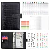 Budget Planner A6 Budget Binder, Finanzplaner, PU Leder Ringbuch Budgetplaner Geld Organizer Zubehör, Geldumschläge Umschlagmethode, Sparbuch mit Folien für bugetplaner, Geld Sparen Mappe Set (Black)