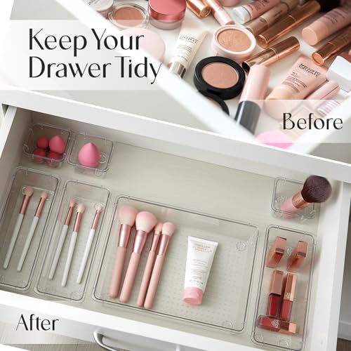 KICHLY 25 Pack Clear Plastic Desk Supplies Organizer, 4 Sizes Desk Drawer Organizer for Office Supplies, Vanity Organizers, Makeup, Gadgets, & Jewelry Storage Bins image 7