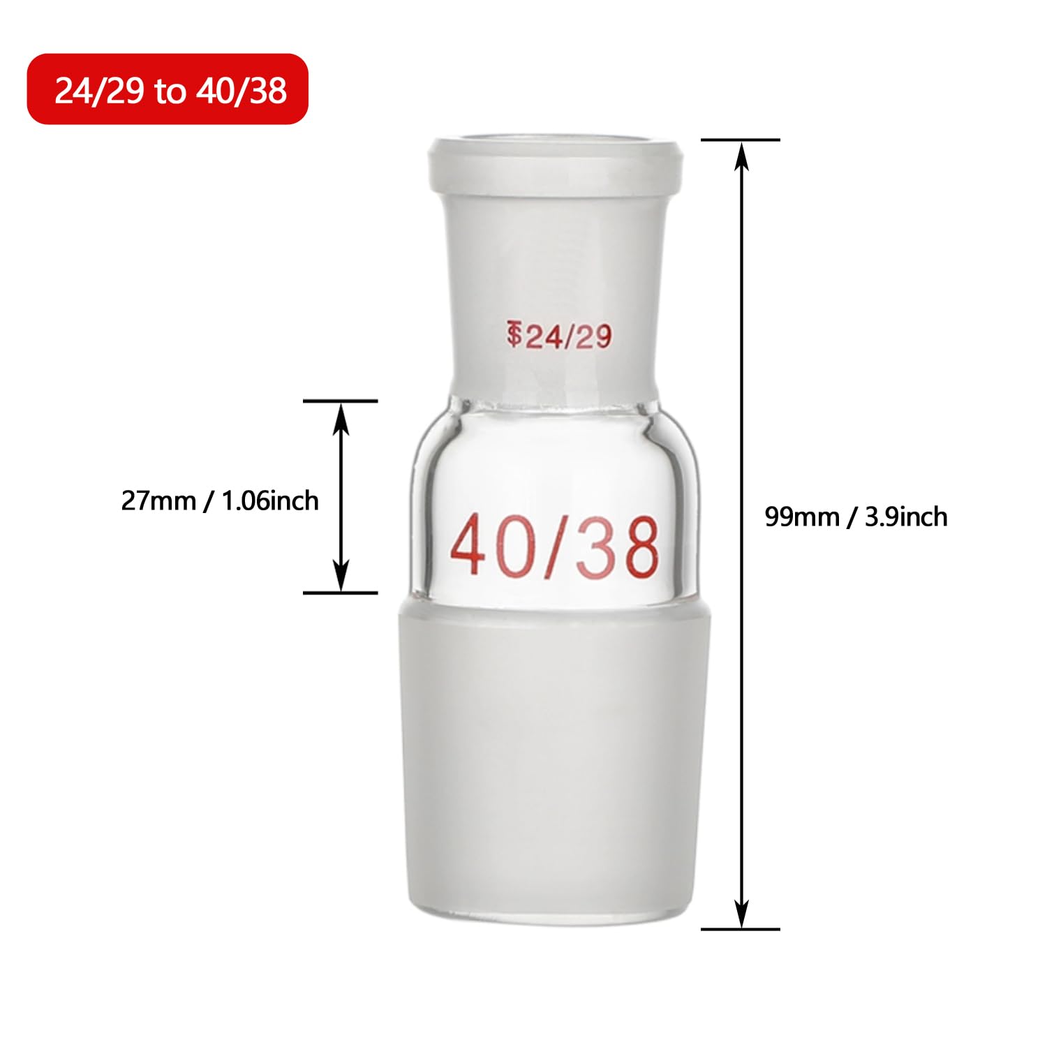 Laboratoire Borosilicate verre droit adaptateur verrerie réduisant l'adaptateur de connexion pour ponter différentes tailles de joints (24/29 to 40/38)