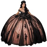 KPDFIF Black Lace Applique Quinceanera Dresses Rose Gold with Train Off Shoulder Ball Gown with Bow Puffy Tulle Sweet 16 Dresses Size 00
