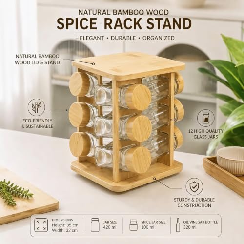 Image of 360 Rotating Spice Rack Organiser, 2-Tier Bamboo Stand with 8 Glass Jars, 250ml Each, BPA Free, Kitchen Storage (12 Glass Spice Jars & Bamboo Lids)