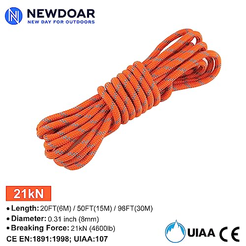 Newdoar Ce Uiaa Certified 8Mm (5/16In) Accessory Cord Rope 21Kn Double Braid Pre Cut For Outdoor Survival, Mountaineering, Prusik,Hauling Dragginge(Orange 8Mm,50Ft) #TOP1