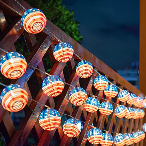 TIGOMOOV American Flag Lantern String Lights, 4th of July Lantern Lights String for Independence Day Decor, 3' Nylon Hanging Lanterns Lights for Porch Patio Decorations During Memorial Day