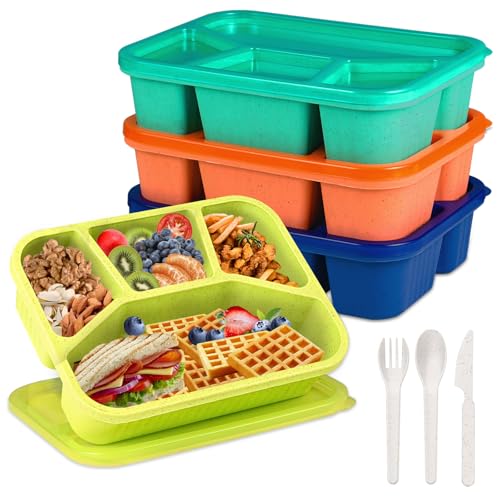 BIEOFFEI 4 Pack Bento Box Lunch Box Container for Adult Kid, 4 Compartment Meal Prep Containers with Lids, Reusable Snack Box Container for Work Travel Picnic, Microwave & Dishwasher Safe