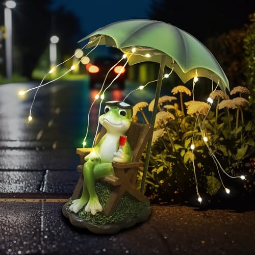 lifemet Solar Frog Statues Decor, Outdoor Ornaments With LED Lights - Frogs Holding Red Wine and Umbrella for Garden, Patio, Balcony, Yard - Mum Birthday Gifts for Women