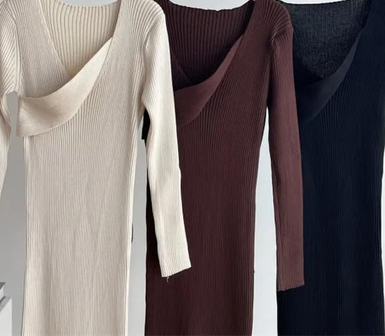 Robe mi-longue à manches longues pour femme - Automne et hiver - Décontractée - Chaude - En tricot