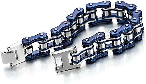 COOLSTEELANDBEYOND Masculine Mens Motorcycle Bike Chain Bracelet of Stainless Steel Silver Blue Two-Tone High Polished