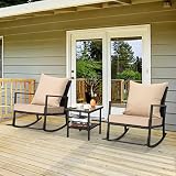 Patio PE Wicker Rocking Chair 3 Piece Outdoor Bistro Set Conversation Furniture Dark Brown Rattan wi