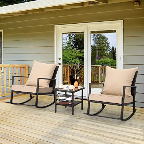Patio Pe Wicker Rocking Chair 3 Piece Outdoor Bistro Set Conversation Furniture Dark Brown Rattan With Glass Coffee Table, Khaki Cushion #TOP19