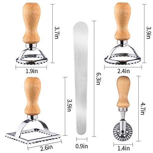 Ravioli Cutter Stamp Set Maker - Stainless Steel Ravioli Roller Wheel & 3PSC Pasta Mold for Dumplings, Lasagna, Pierogi, Round & Square
