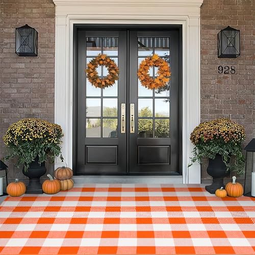 PIXFAIRY Fall Buffalo Plaid Rug 4x6 Ft, Orange White Indoor Outdoor Rug