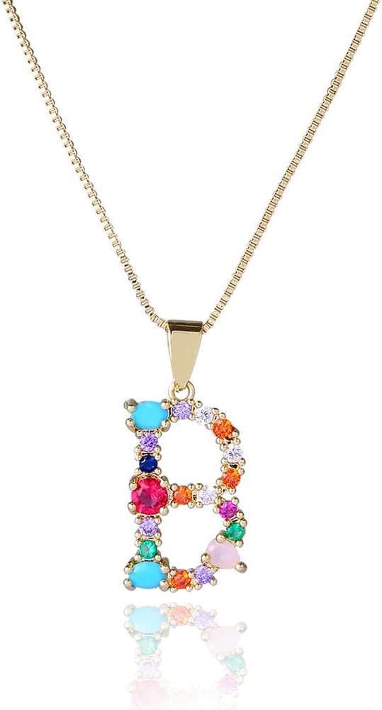 Eben-Ezer 18K Gold Box Chain Choker Initial Necklace Multi-Color Zircon Letter Pendant Script Name Custom Necklace for Women Gift Alphabet 26 A-Z
