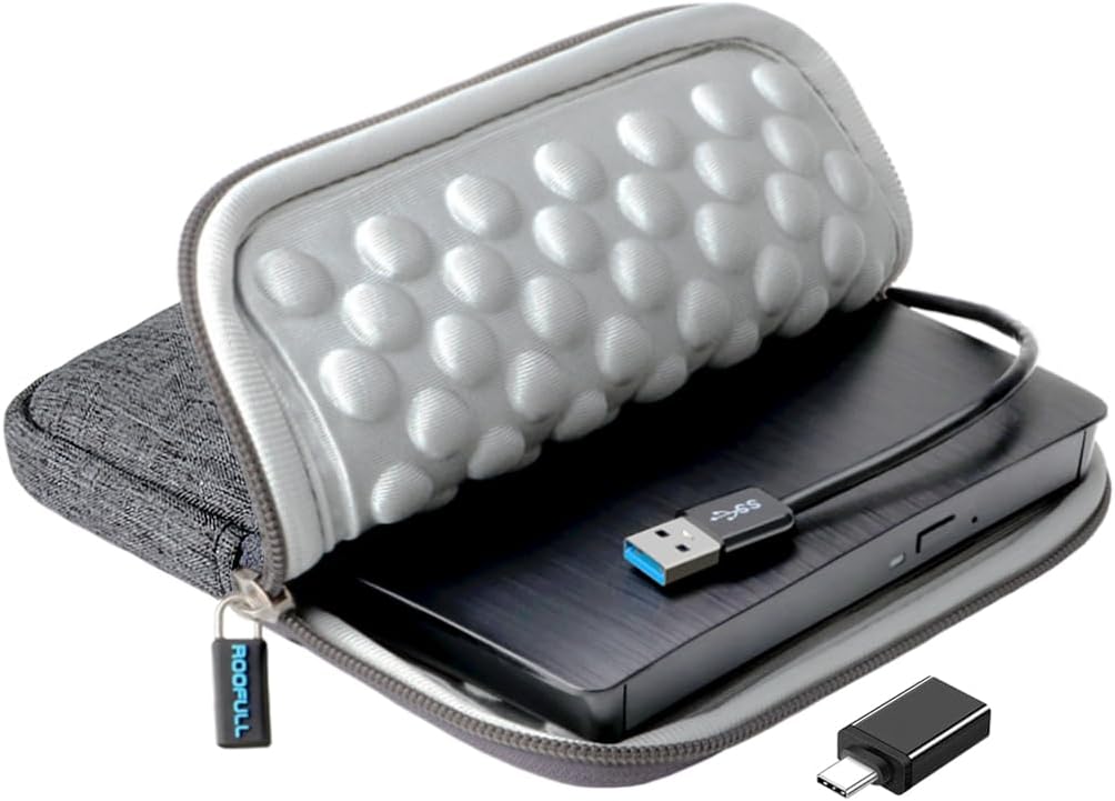 Unidad de CD DVD externa ROOFULL con estuche para portátil USB 3.0 y USB-C | Reproductor de CD DVD portátil Grabador grabador +/-RW Grabador de unidades para MacBook PC de escritorio Windows 11/10/8/7 Mac Linux OS